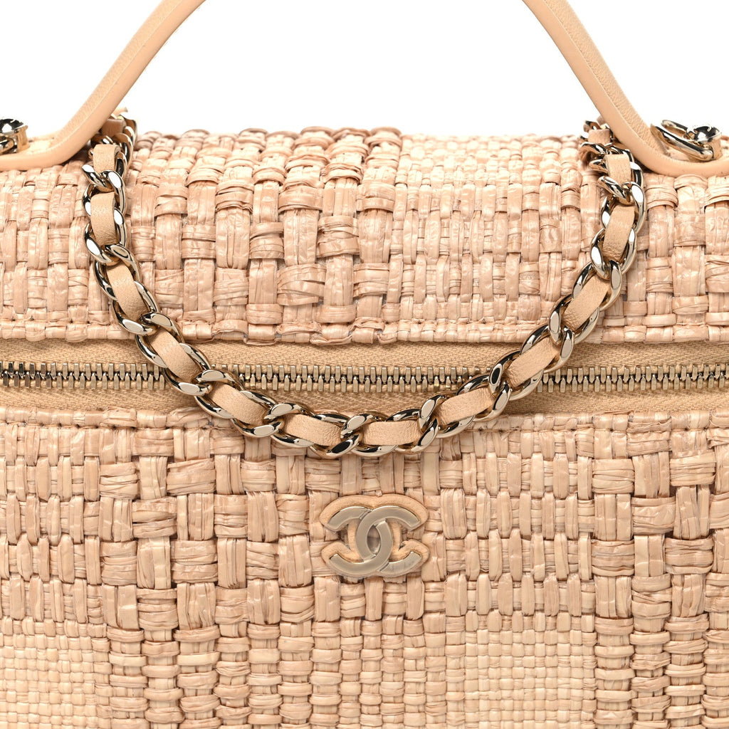 Braided Raffia Quilted Top Handle Slim Vanity Case With Chain Beige
