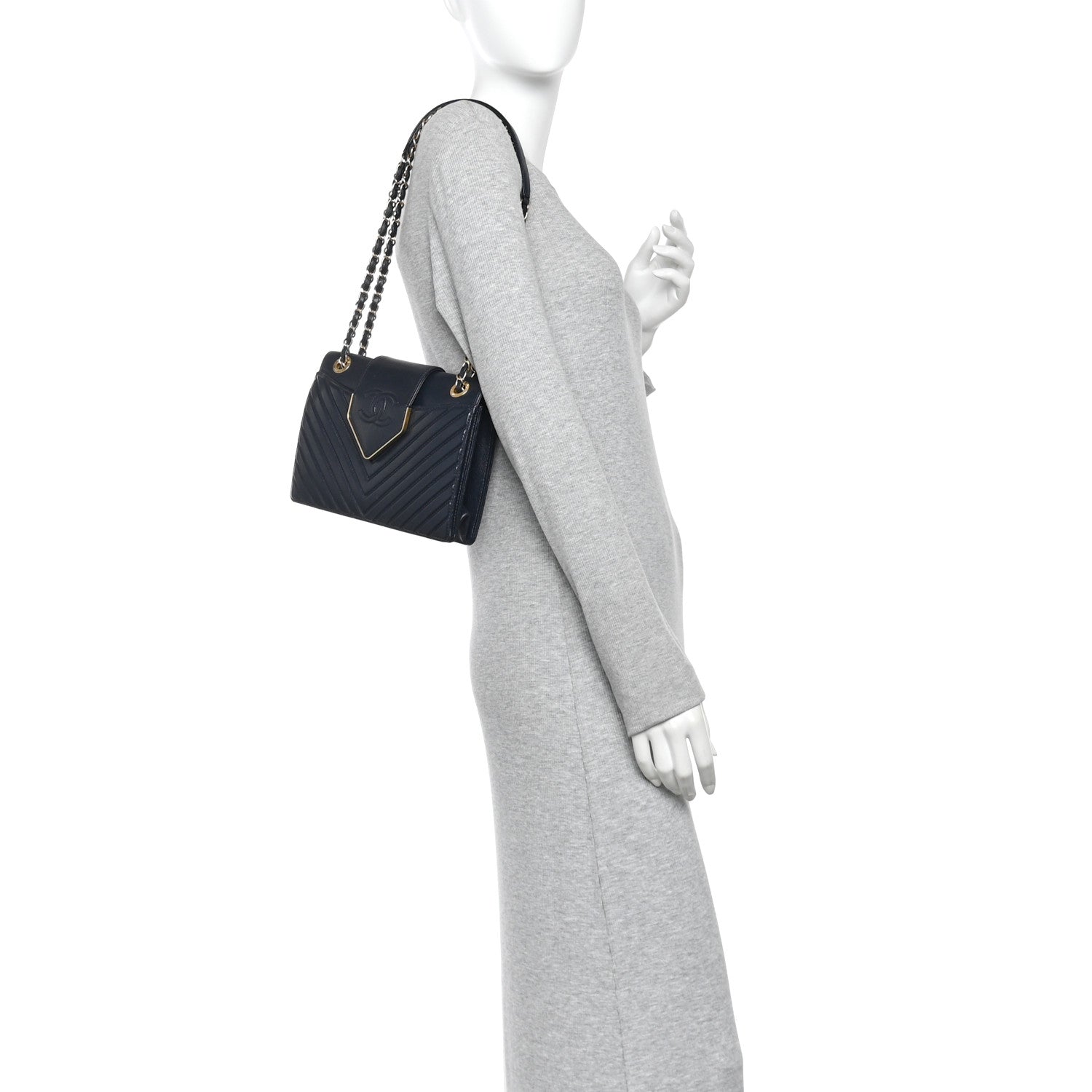 Shiny Sheepskin Chevron Quilted Collar and Tie Flap Navy