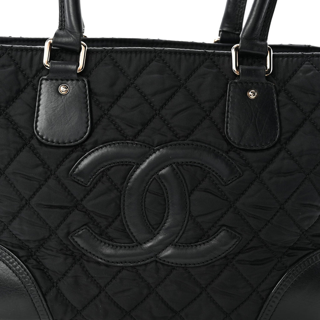 Nylon Calfskin Quilted CC Paris New York Tote Bag Black