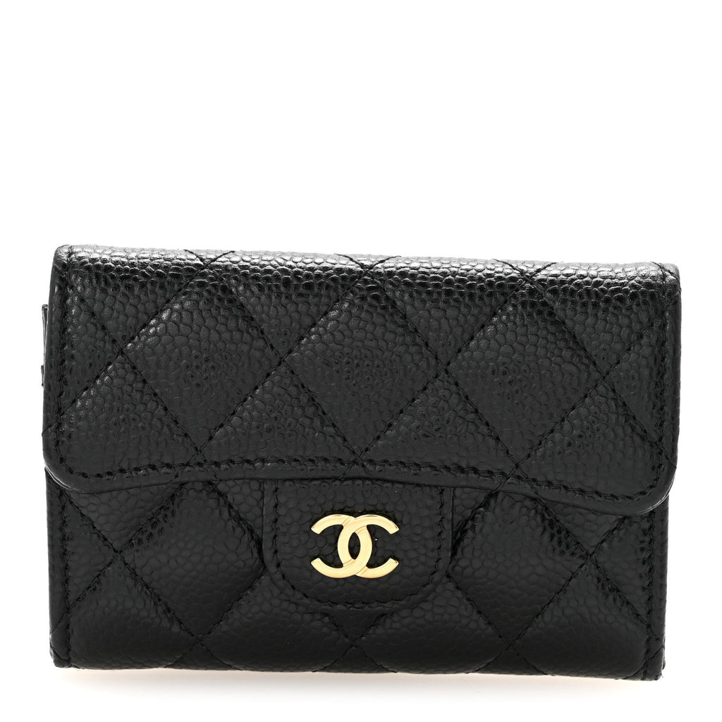 Caviar Quilted Flap Card Holder Wallet Black