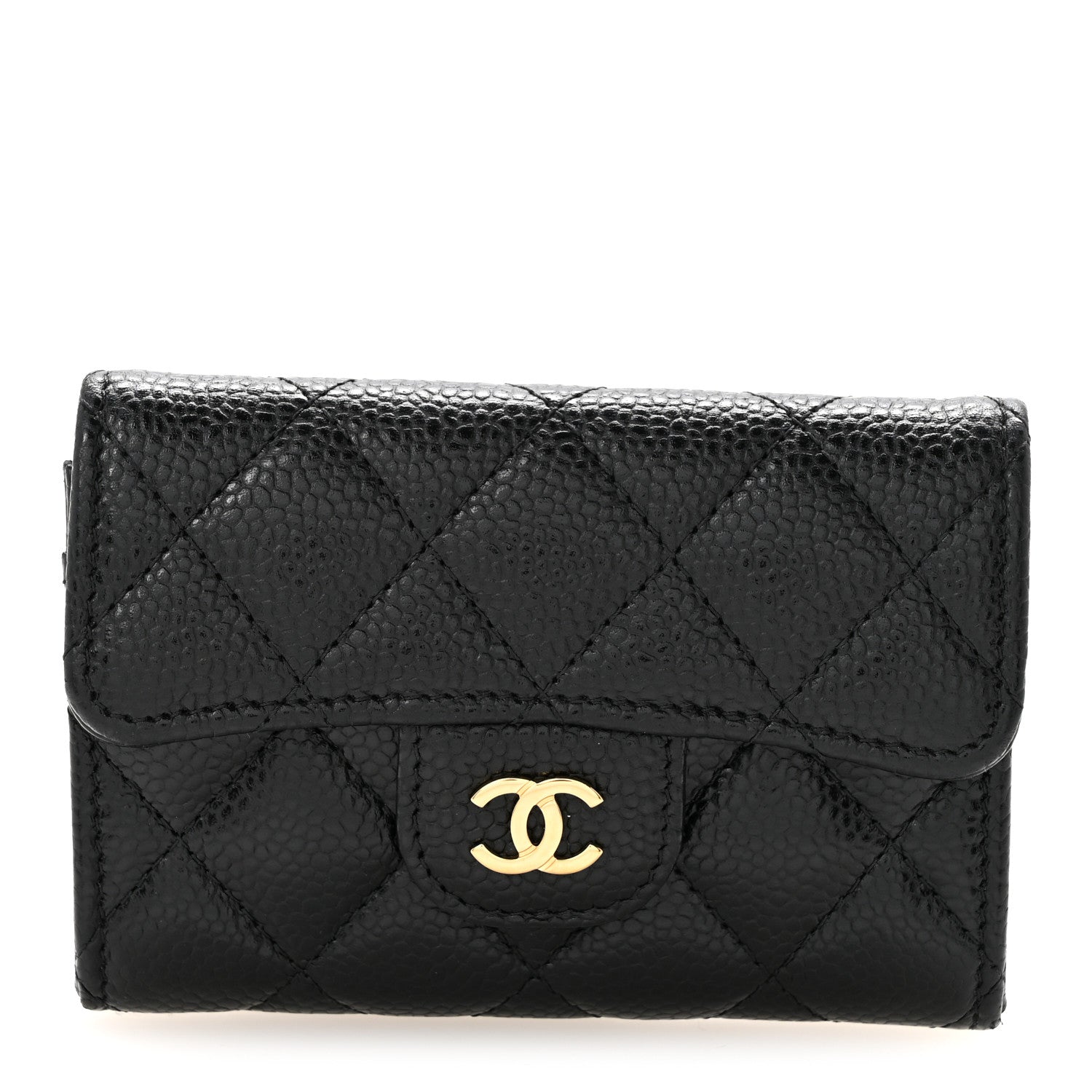 Caviar Quilted Flap Card Holder Wallet Black