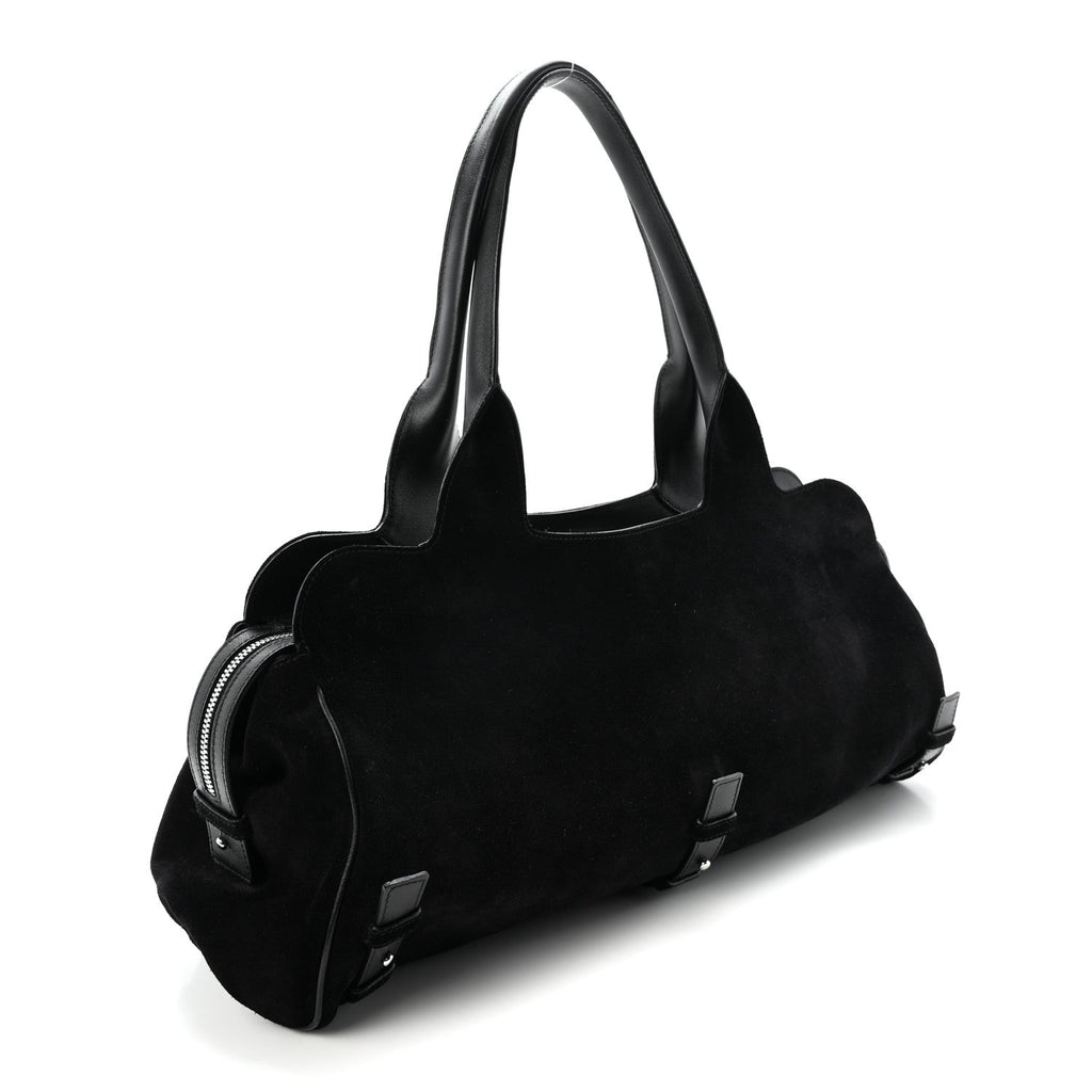 Fur Calfskin Suede Top Handle East West Tote Bag Black