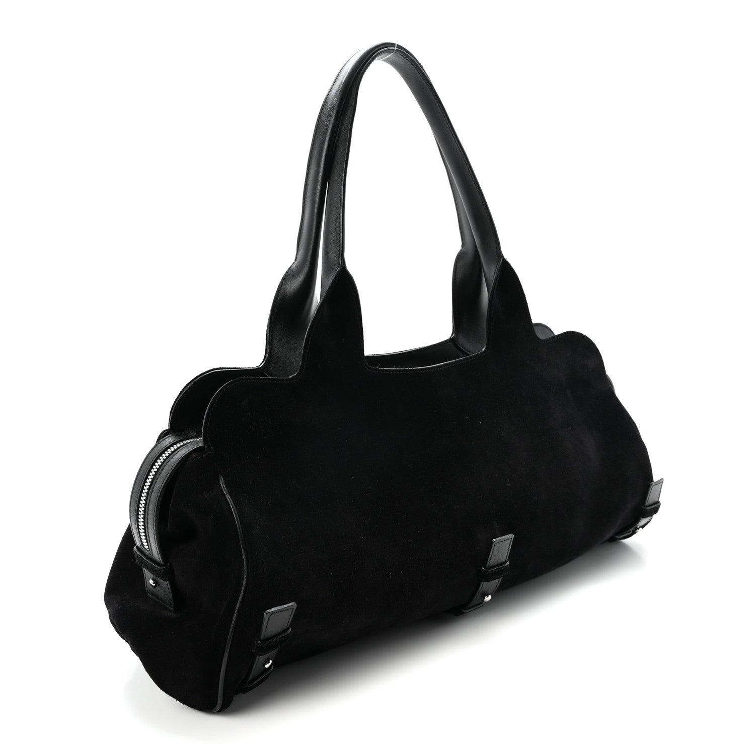 Fur Calfskin Suede Top Handle East West Tote Bag Black