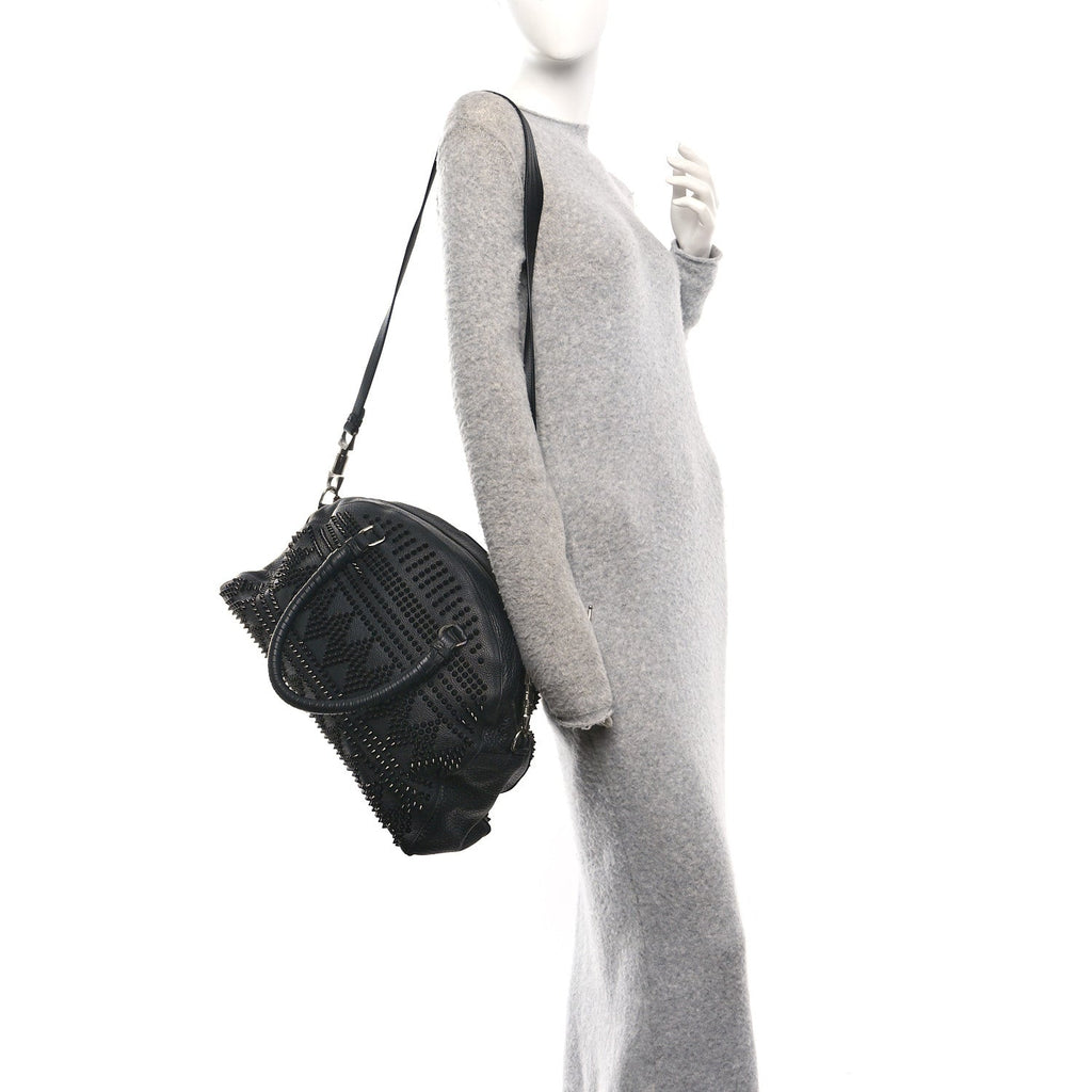 Grained Calfskin Mix Chevron Spikes Large Panettone Bowling Bag Black