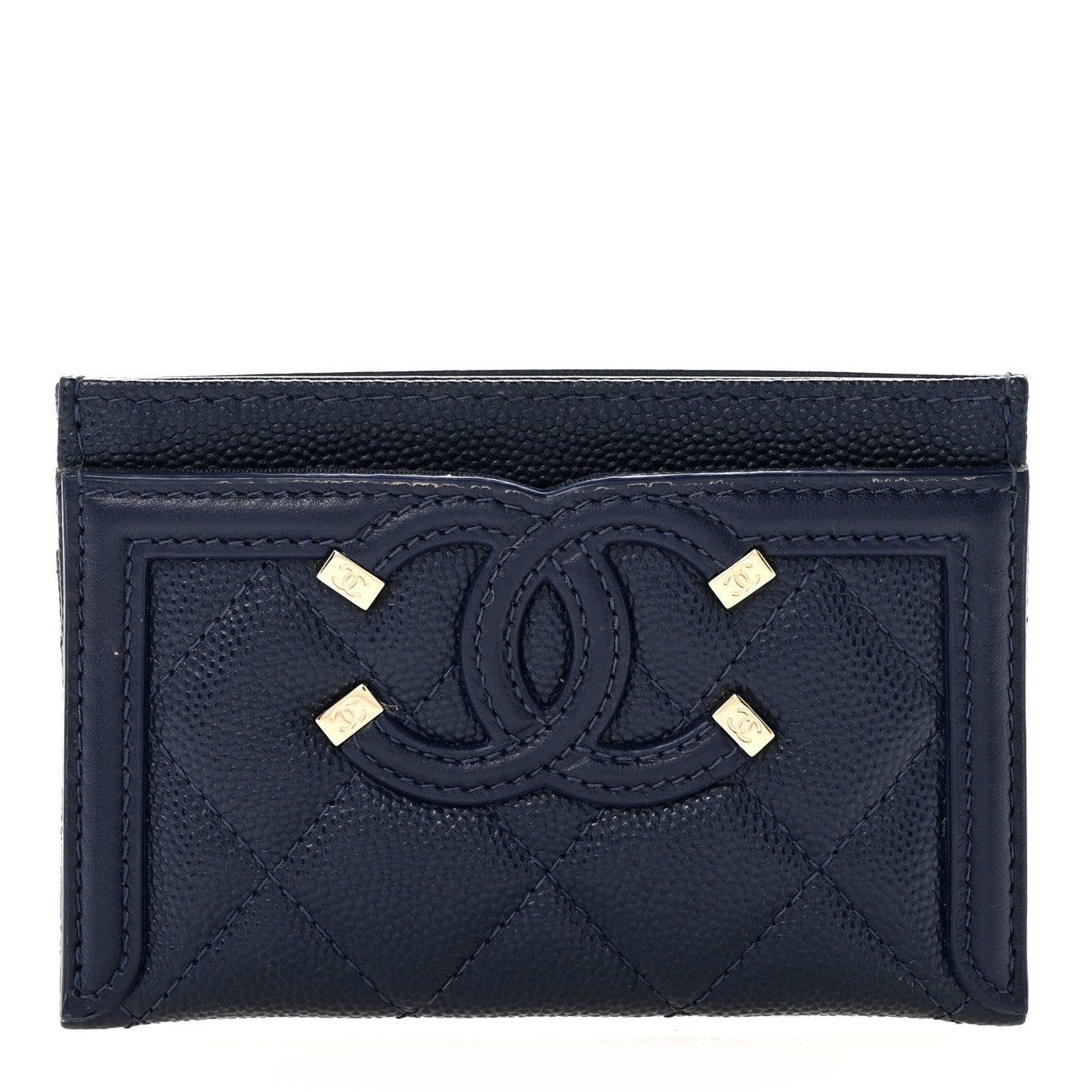 Caviar Quilted Filigree Card Holder Navy Blue
