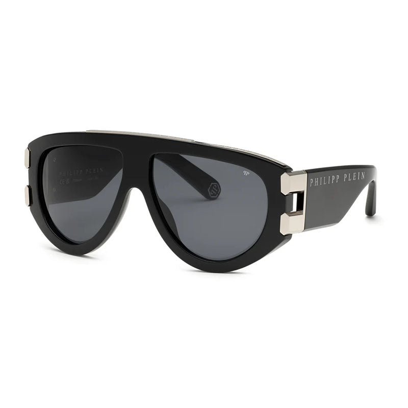Philipp Plein Sunglasses Shield Full Rim, Shiny Black Frame and Grey Silver Lens SPP127M700G