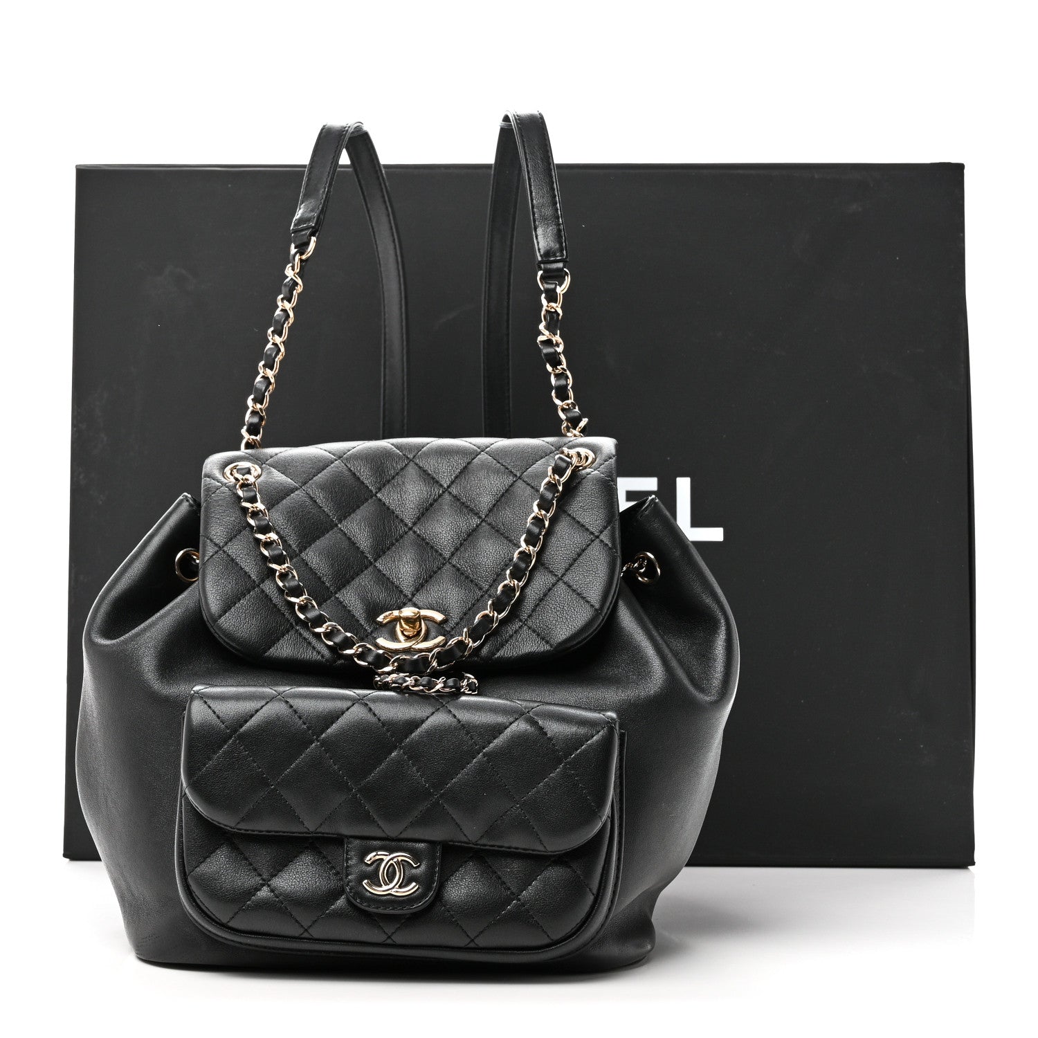 Lambskin Quilted Large Duma Drawstring Backpack Black