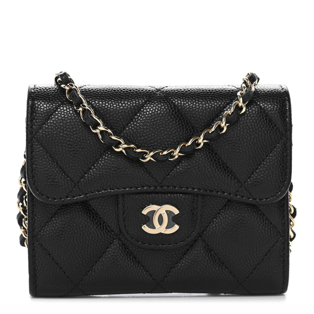 Caviar Quilted Flap Card Holder On Chain Black