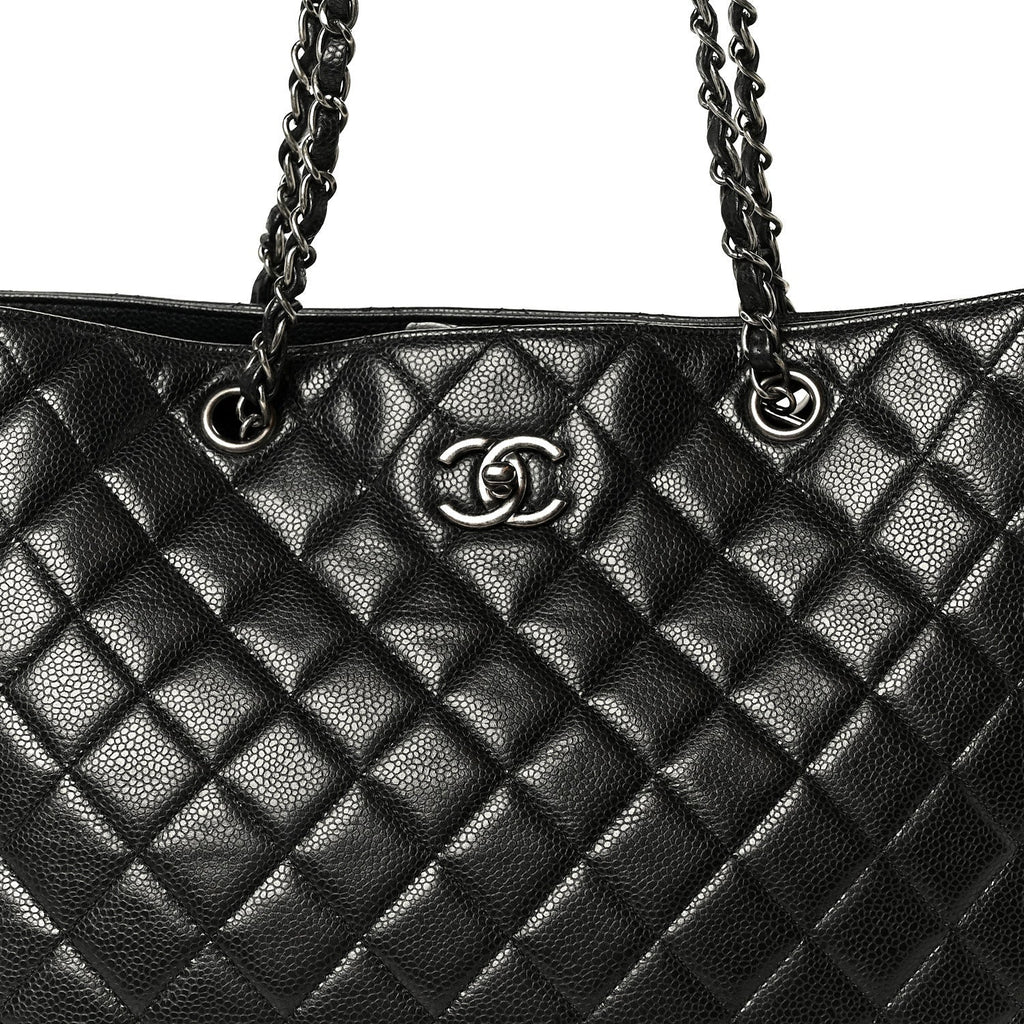 Calfskin Quilted Large CC Shopping Tote Black