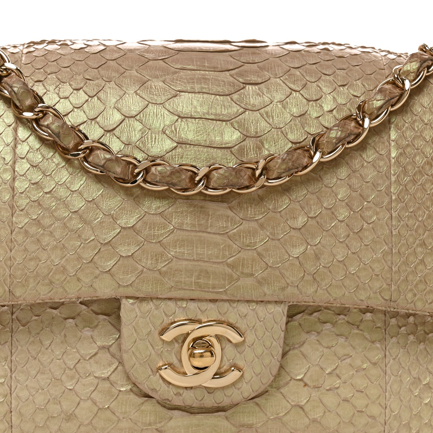 Metallic Snakeskin Medium Double Flap Light Beige