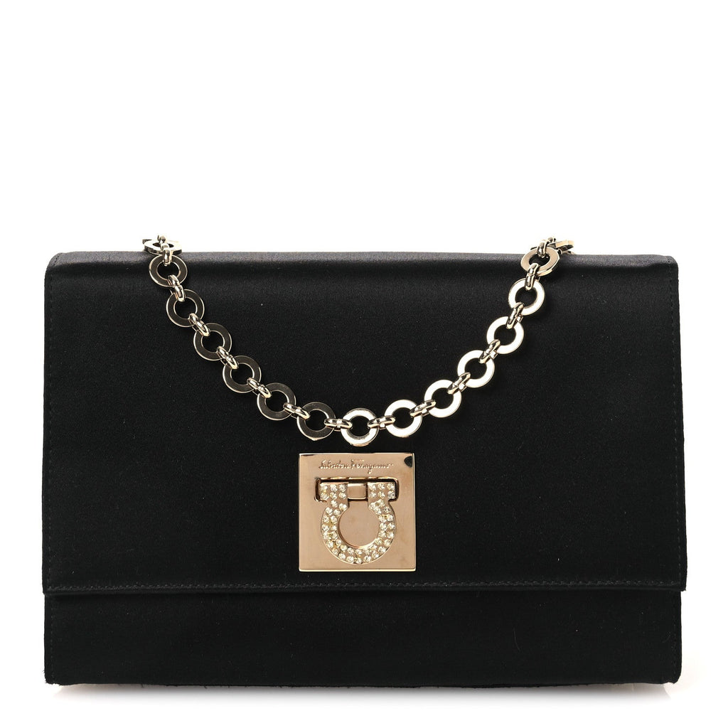 Satin Crystal Gancini Chain Flap Bag Black