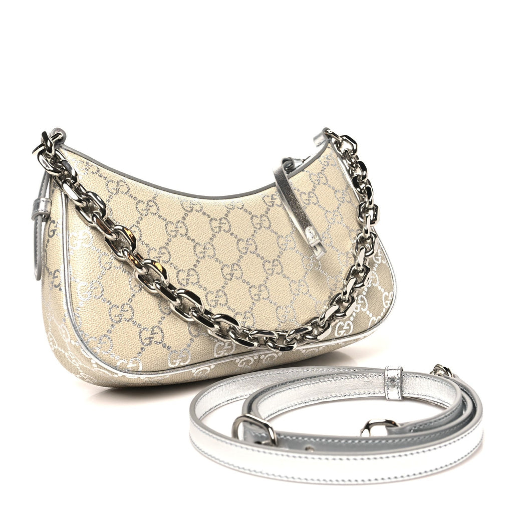 GG Supreme Monogram Metallic Calfskin Small Emblem Shoulder Bag Beige Silver