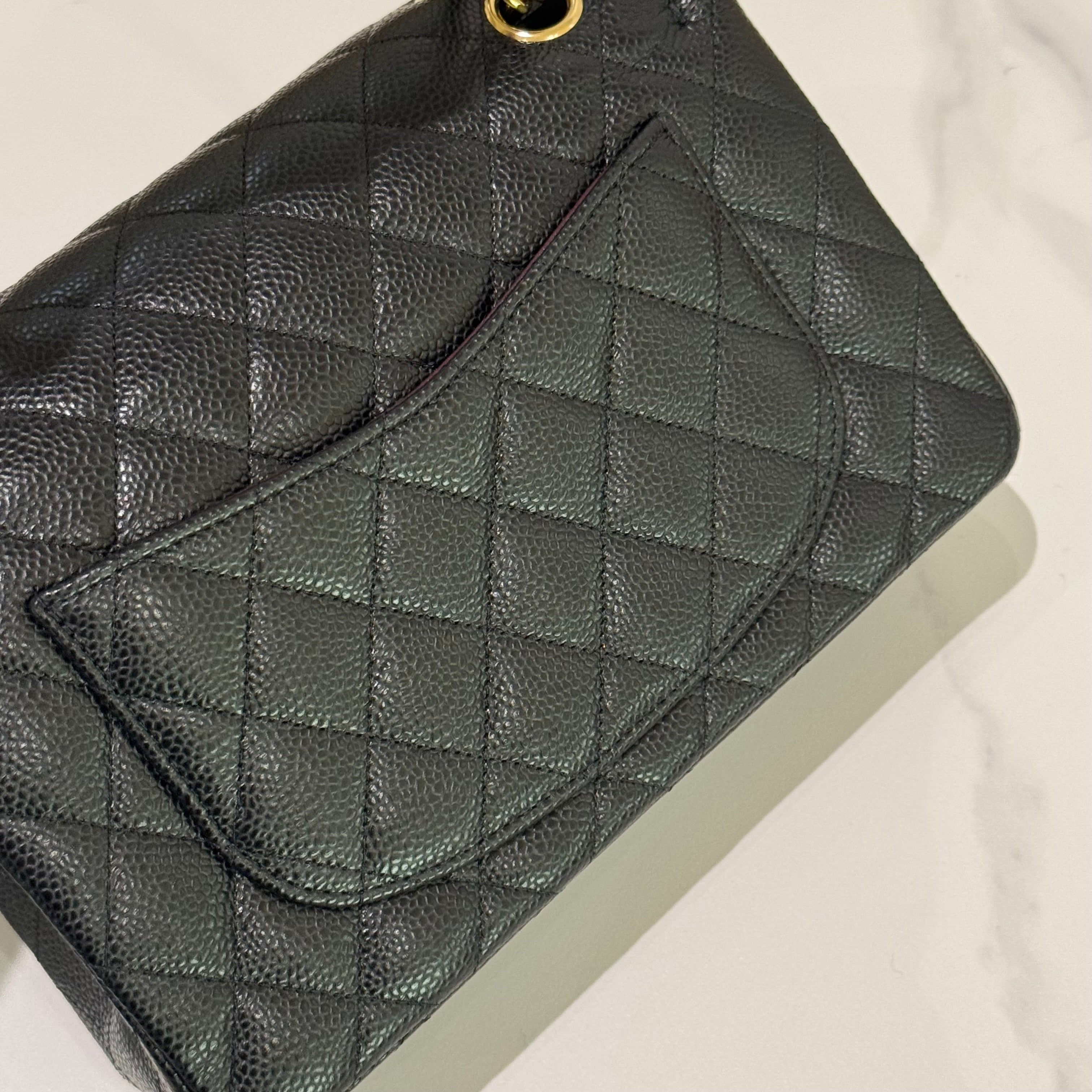 CHANEL CF SMALL BLACK CAVIAR LEATHER WITH GOLD HARDWARE – MICROCHIP MODEL