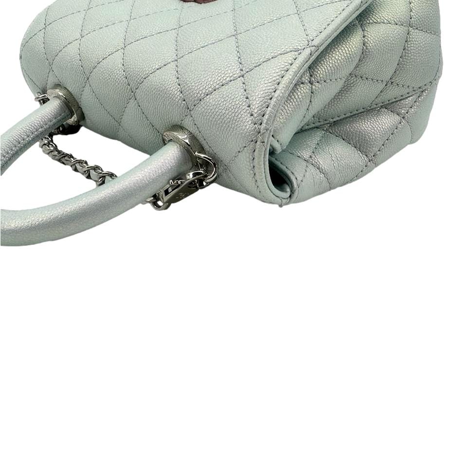 CHANEL Coco Extra Mini Top Handle Iridescent Caviar Leather Crossbody Bag Light Blue
