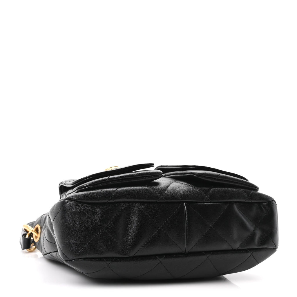 Shiny Calfskin Quilted Small Supple Twins Hobo Bag Black