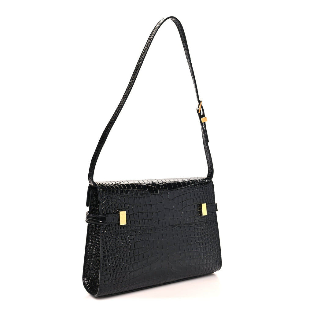 Shiny Calfskin Crocodile Embossed Small Manhattan Baguette Black