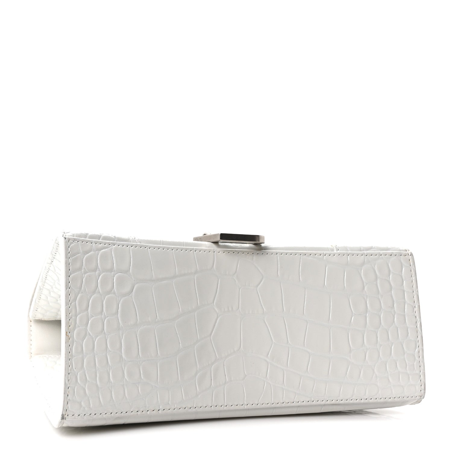 Shiny Calfskin Crocodile Embossed Small Hourglass Top Handle Bag White