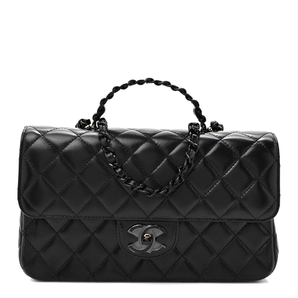 Lambskin Quilted Small Single Flap Top Handle Bag So Black