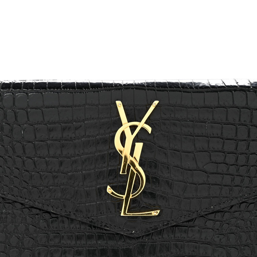 Calfskin Crocodile Embossed Uptown Monogram Clutch Black