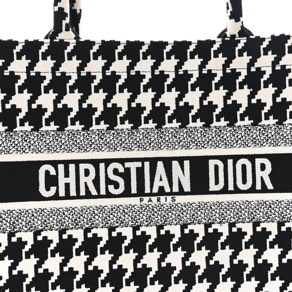 Canvas Macro Houndstooth Embroidered Medium Book Tote Black White