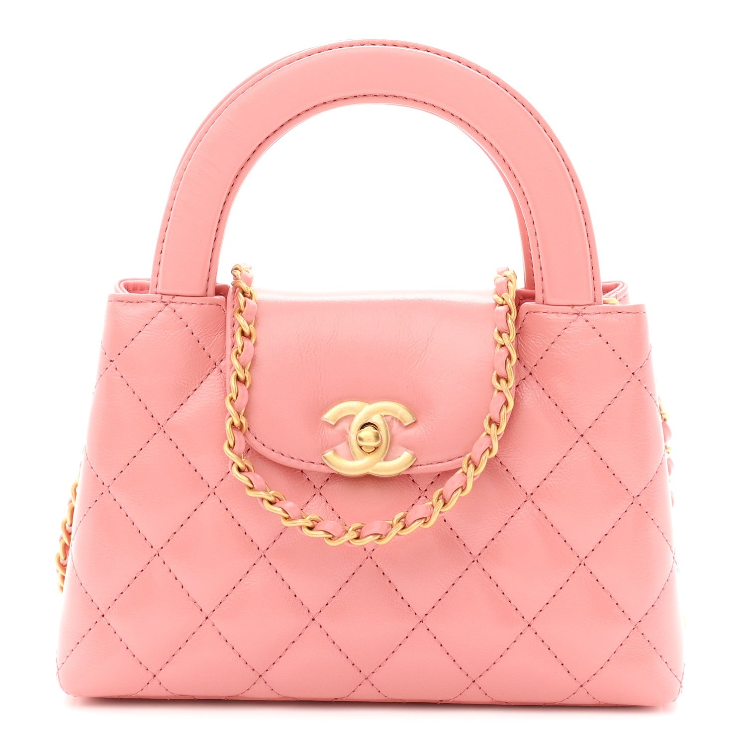 Shiny Aged Calfskin Quilted Nano Kelly Shopper Coral Pink
