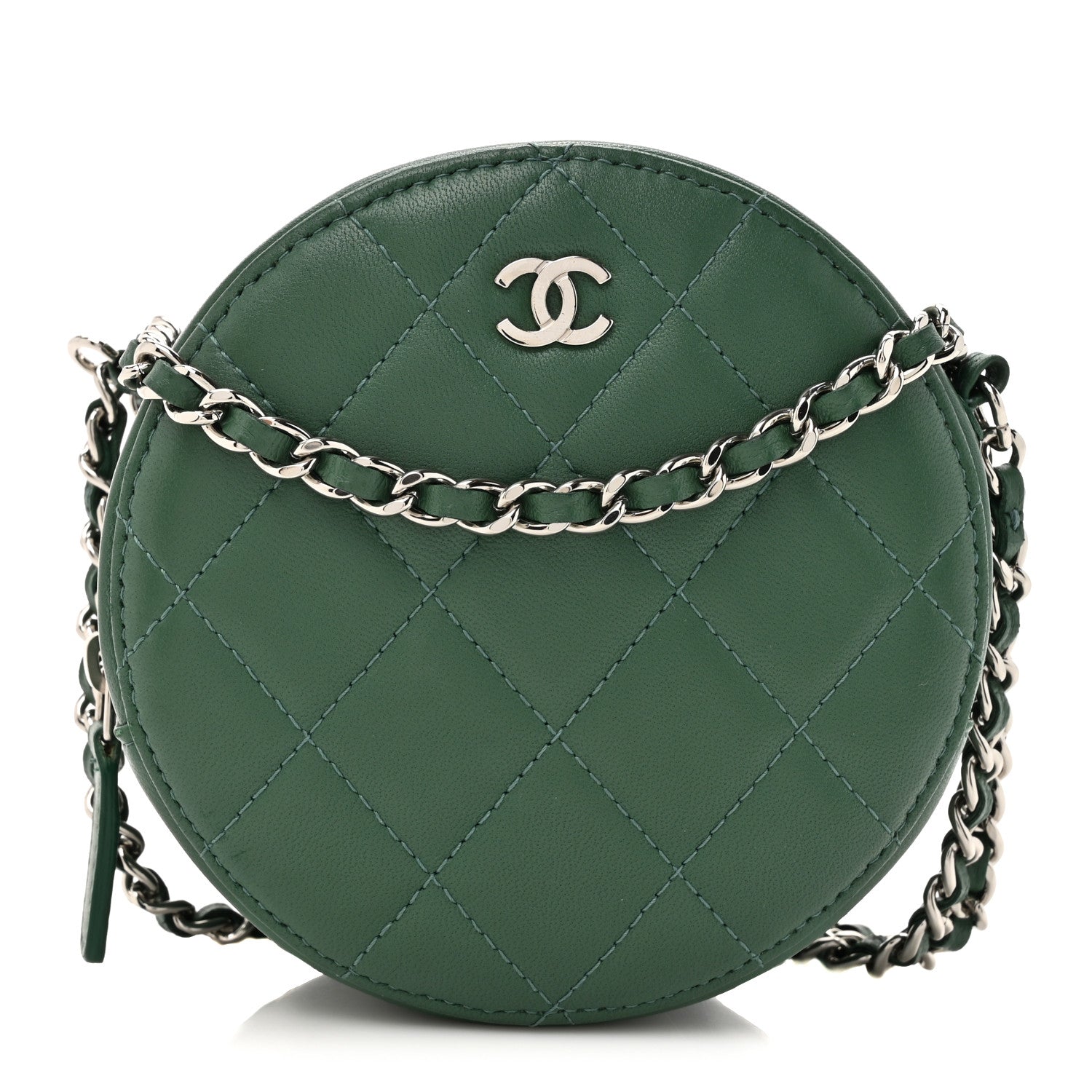 Lambskin Quilted Round Clutch With Chain Green