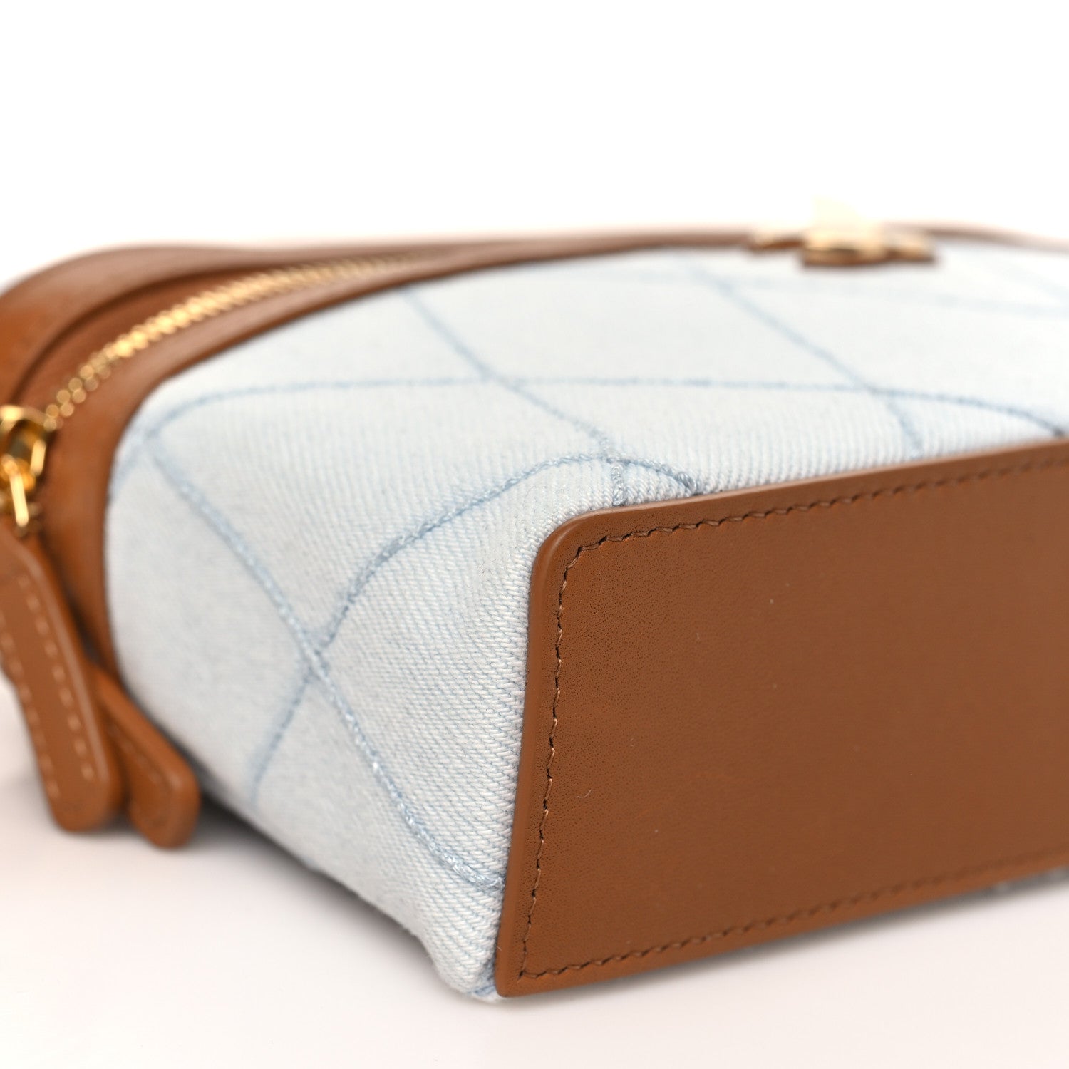 Washed Denim Calfskin Quilted Top Handle Slim Vanity Case With Chain Blue Brown Blue Brown