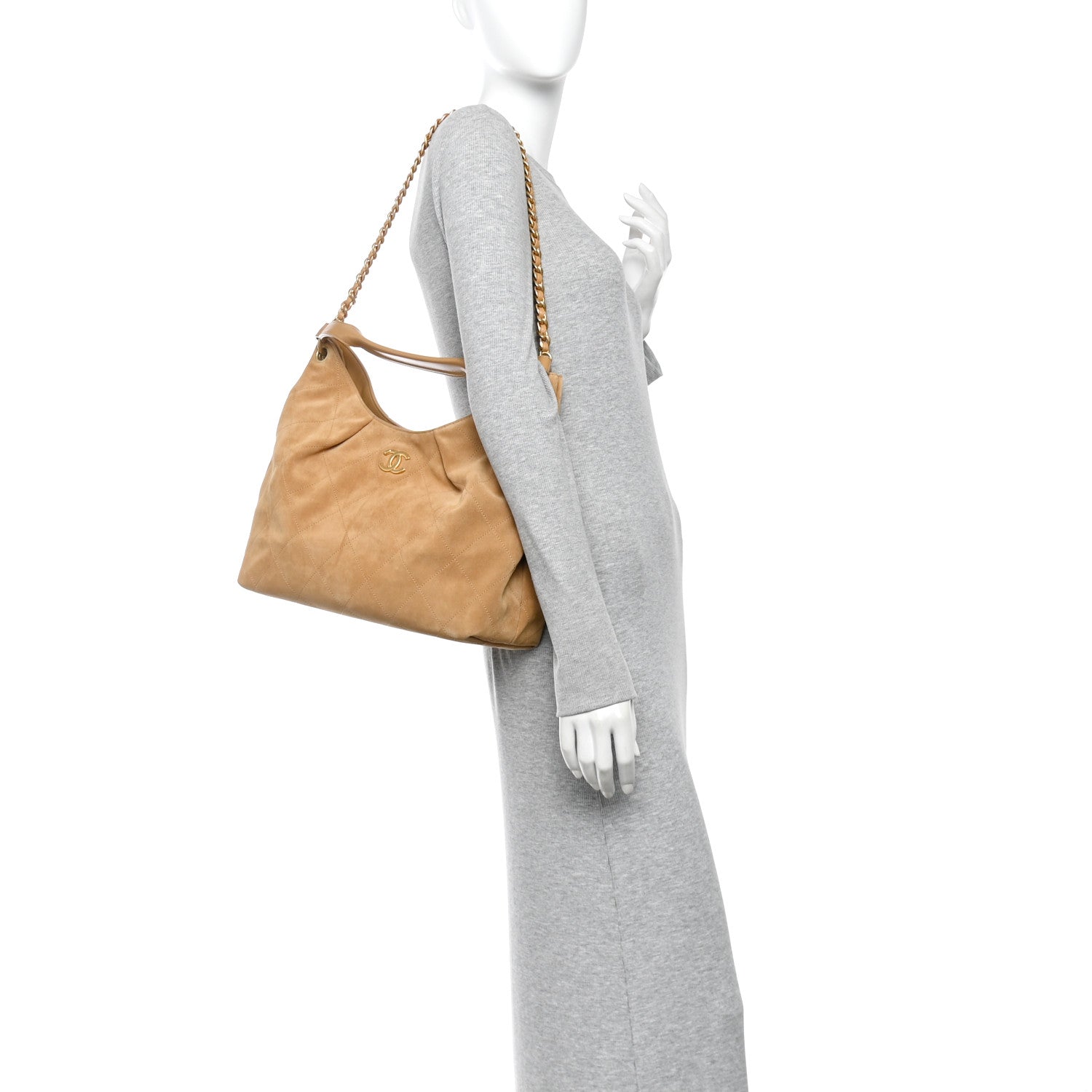 Suede Calfskin Lambskin Quilted Maxi Hobo Light Brown
