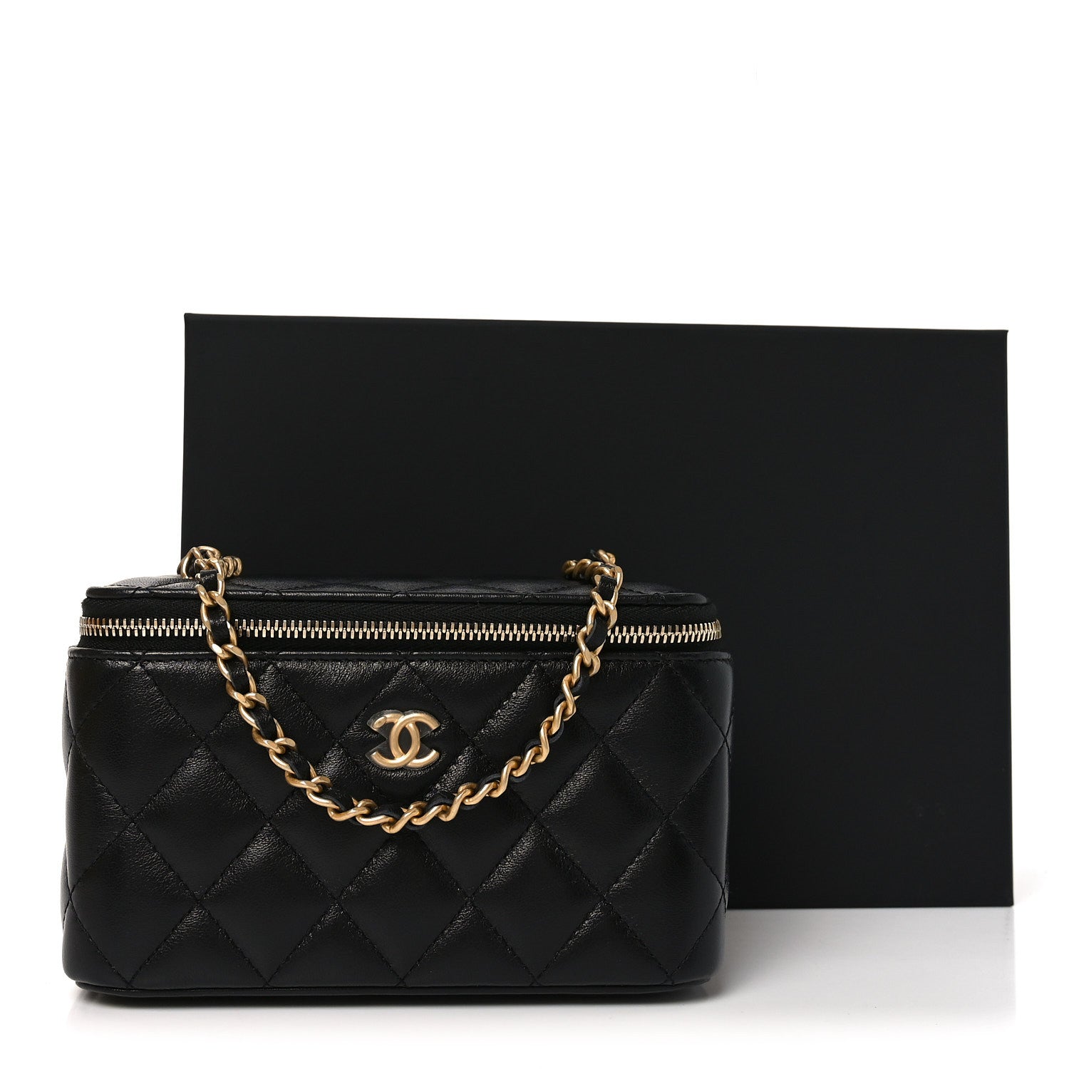 Lambskin Quilted Pearl Crush Small Vanity Case With Chain Black