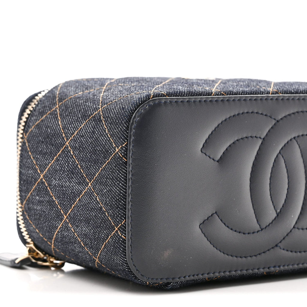 Denim Quilted Small Vanity Case With Chain Dark Blue Orange