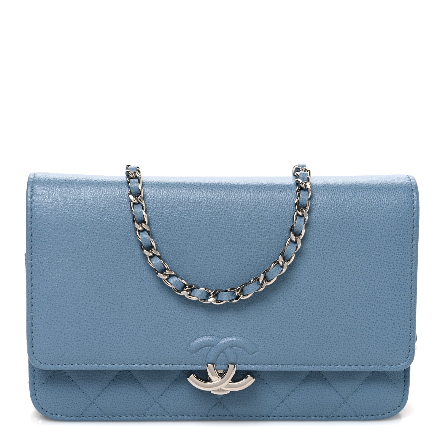 Grained Calfskin Quilted CC Box Wallet On Chain WOC Blue