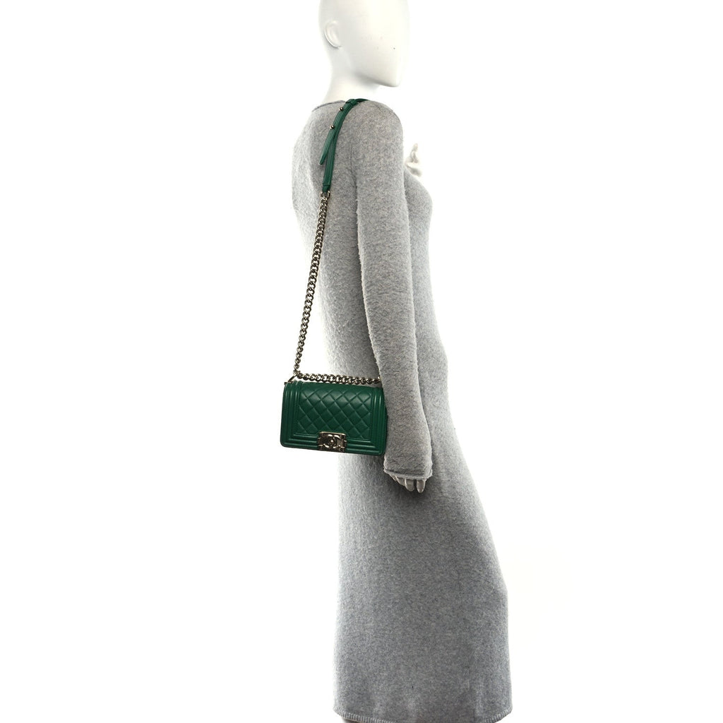 Lambskin Quilted Small Boy Flap Green