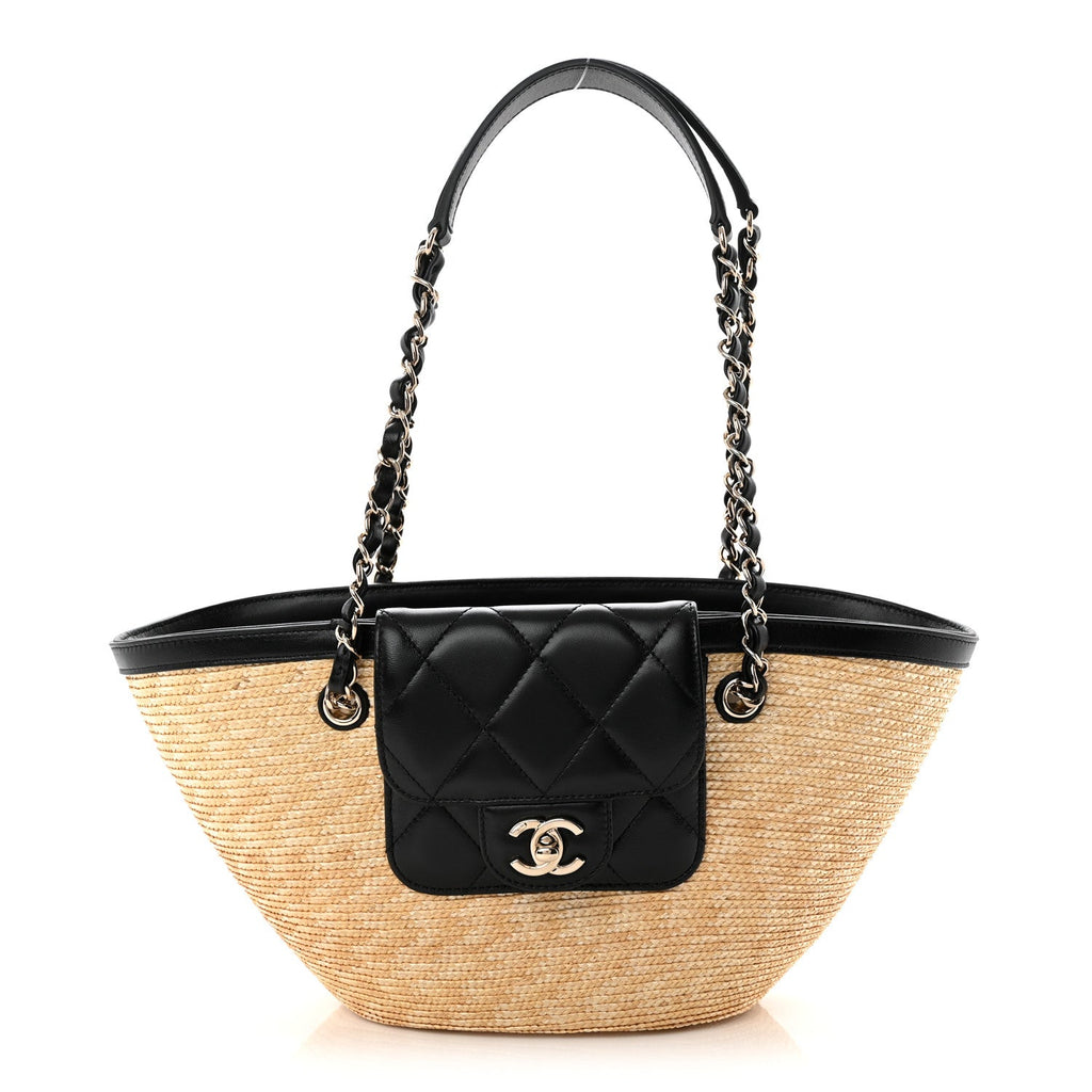 Raffia Braided Lambskin Small Shopping Tote Beige Black Beige Black