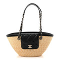 Raffia Braided Lambskin Small Shopping Tote Beige Black Beige Black