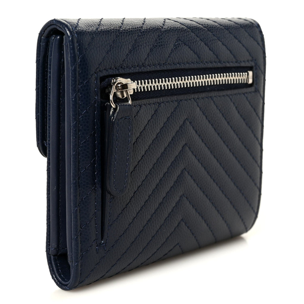 Caviar Chevron Quilted Compact Flap Wallet Navy