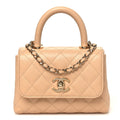Caviar Quilted Coco Handle Clutch With Chain Beige