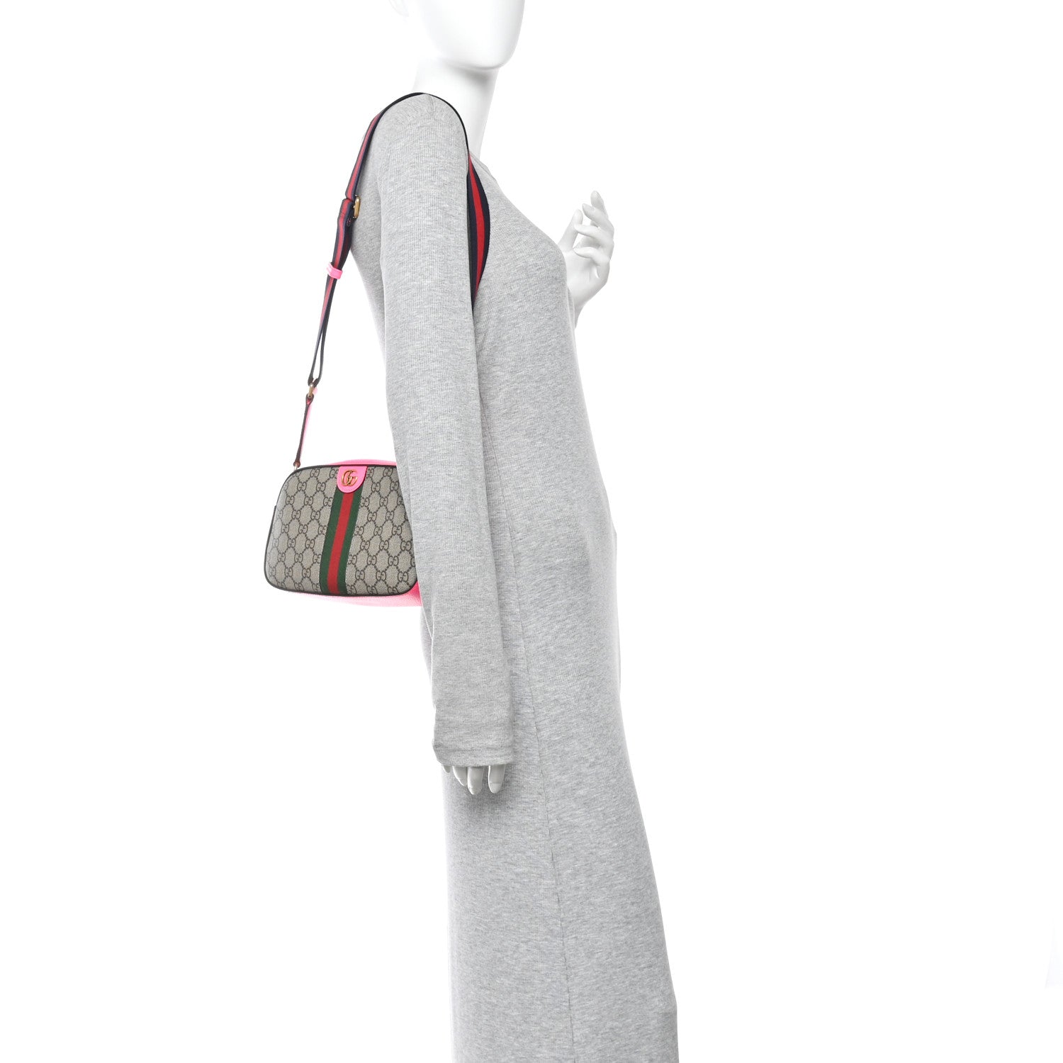 GG Supreme Monogram Textured Dollar Calfskin Web Ophidia Small Crossbody Bag Beige Ebony Fuchsia