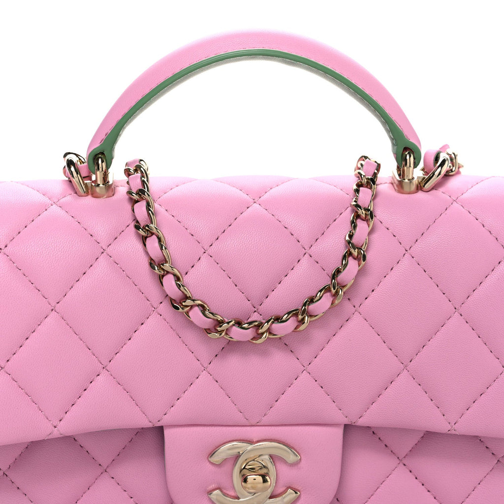 Lambskin Quilted Mini Top Handle Rectangular Flap Pink Green
