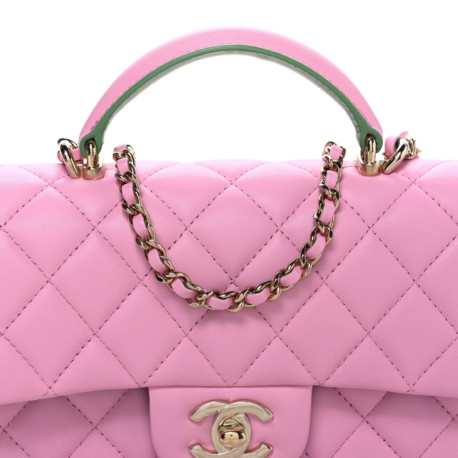 Lambskin Quilted Mini Top Handle Rectangular Flap Pink Green