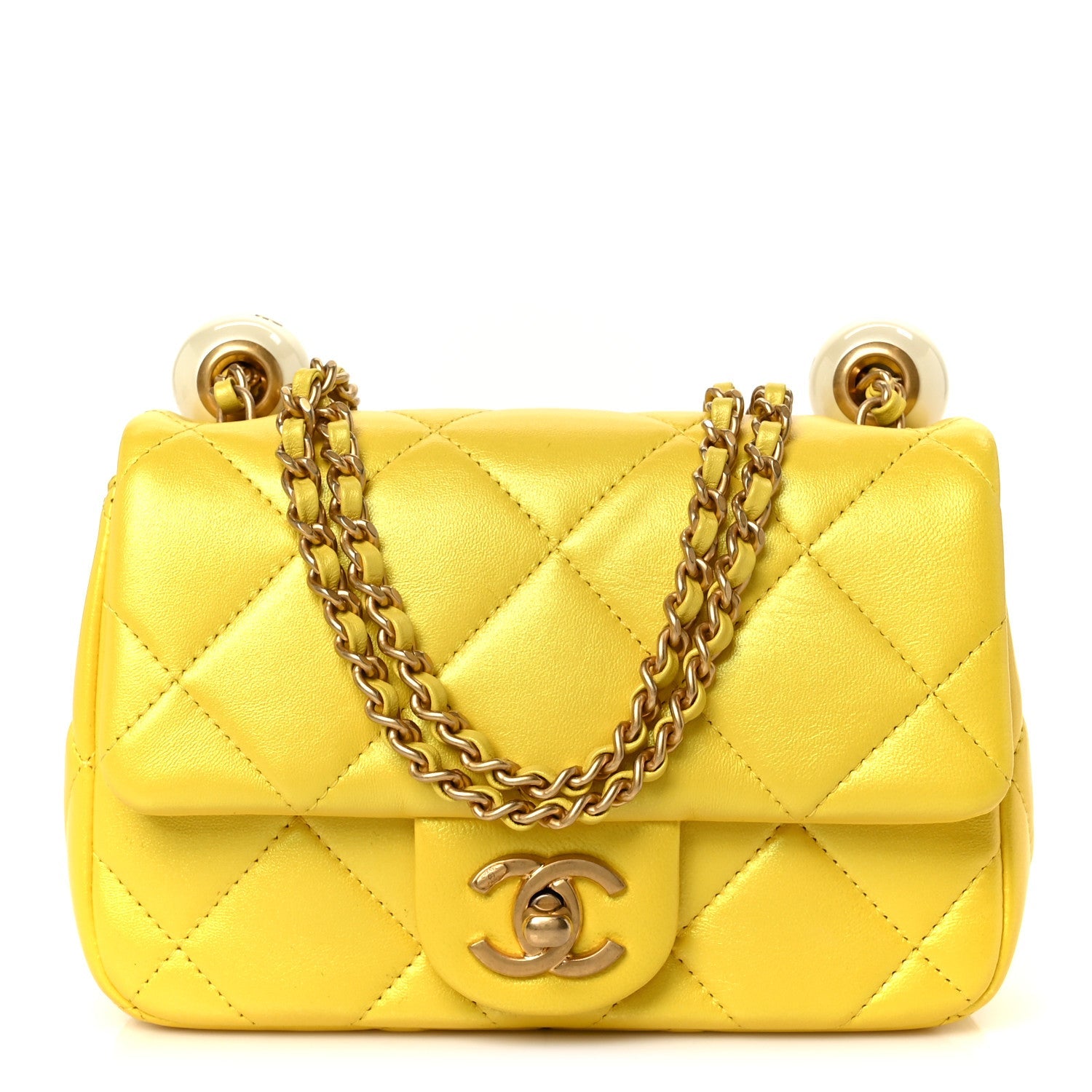 Pearly Lambskin Pearl Quilted Mini Flap Yellow