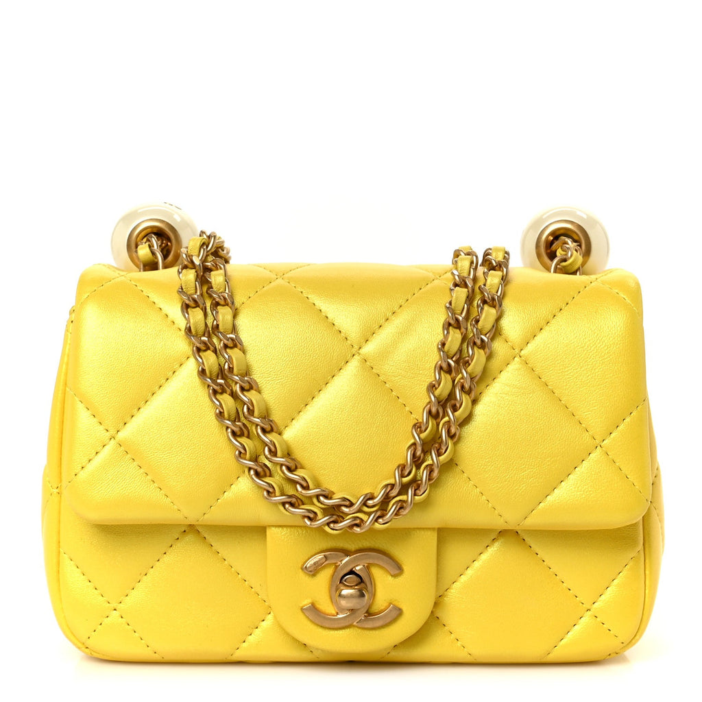 Pearly Lambskin Pearl Quilted Mini Flap Yellow Yellow