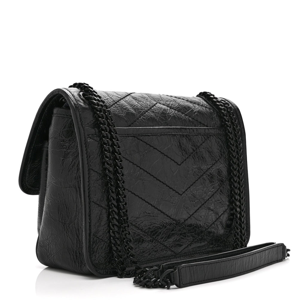 Crinkled Calfskin Matelasse Monogram Baby Niki Chain Satchel Black