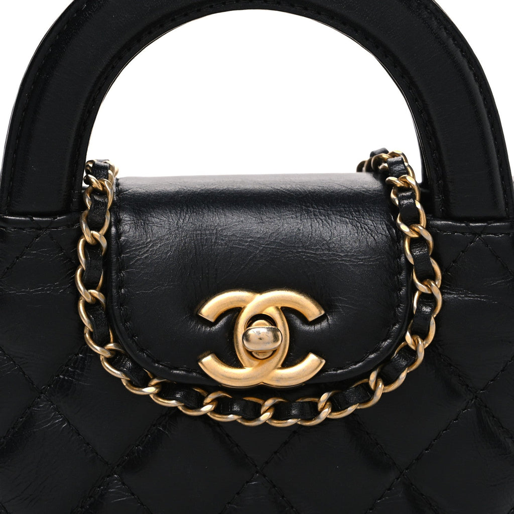 Shiny Aged Calfskin Quilted Mini Nano Kelly Shopper Black