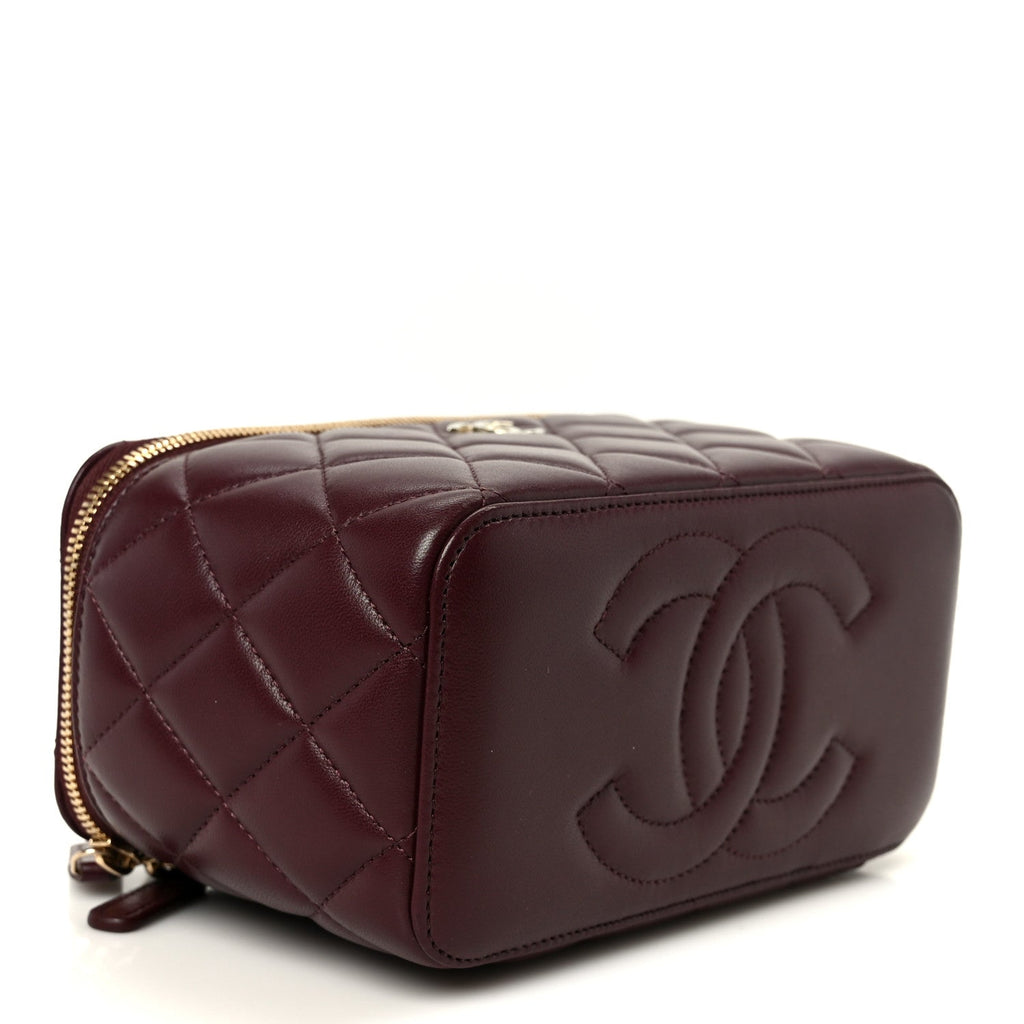 Lambskin Quilted Small Top Handle Vanity Case With Chain Burgundy Burgundy