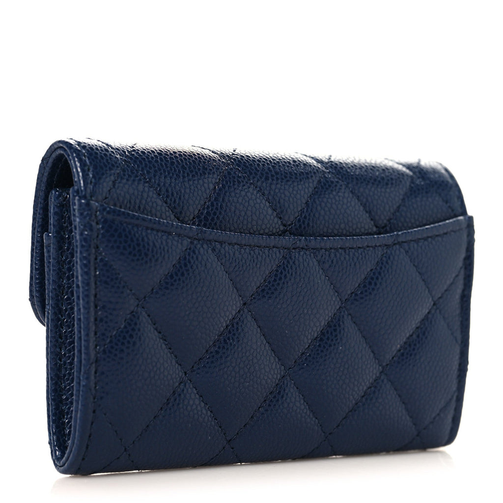 Caviar Quilted Flap Card Holder Wallet Navy Blue