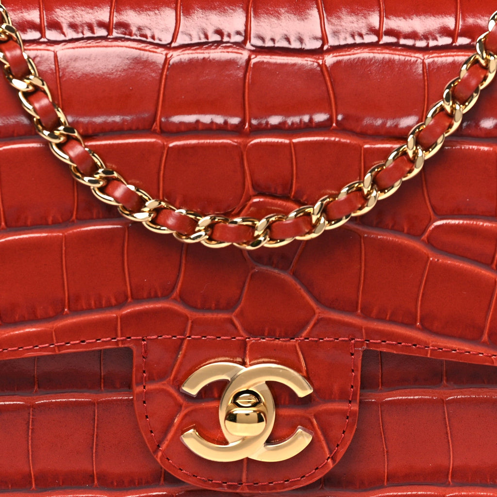 Calfskin Crocodile Embossed Turn Around Mini Flap Burgundy