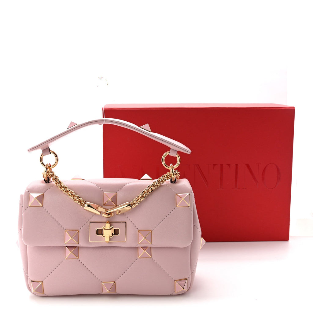 Nappa Enamel Medium Roman Stud Shoulder Bag Rose Quartz