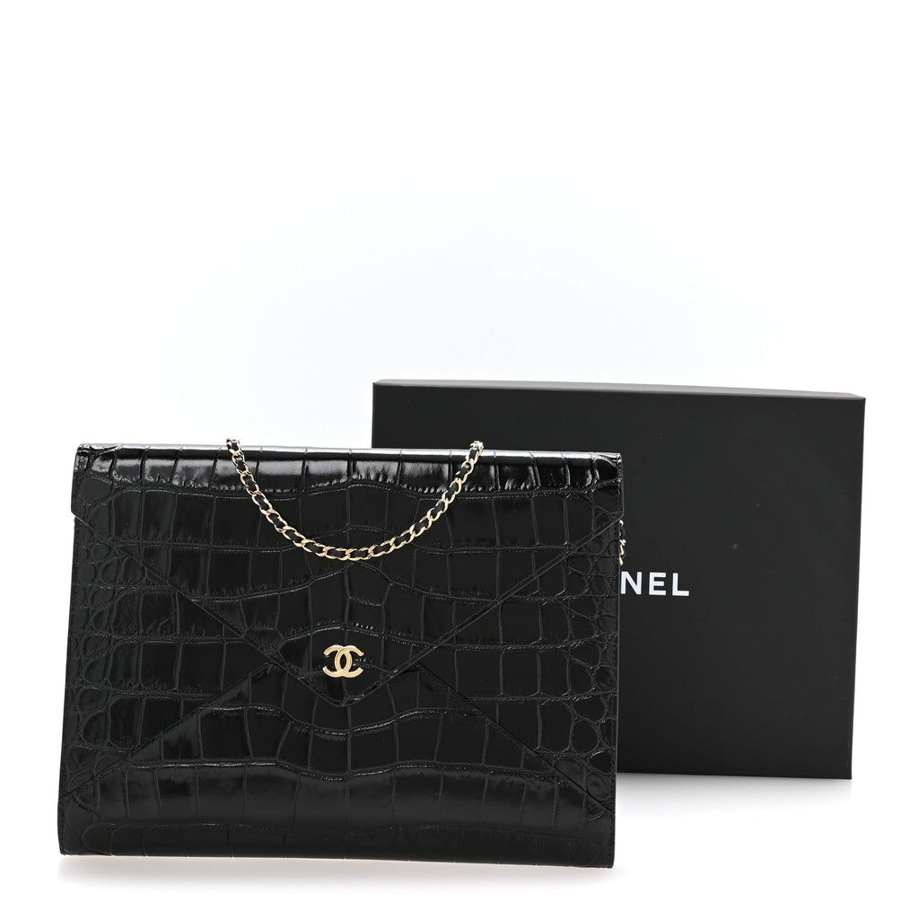 Calfskin Crocodile Embossed Croc Illusion Clutch With Chain Black