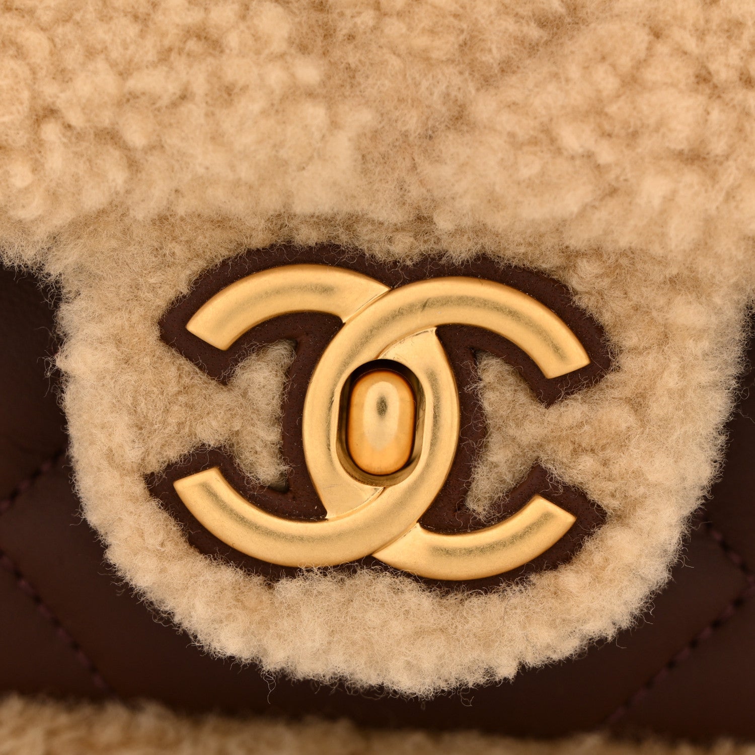 Shearling Lambskin Quilted Furry Coco Flap Beige Dark Brown