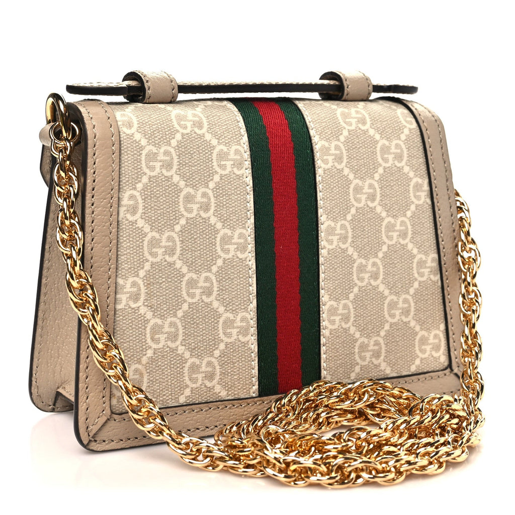 GG Supreme Monogram Textured Dollar Calfskin Web Mini Ophidia Padlock Top Handle Chain Shoulder Bag Beige Mystic White Oatmeal